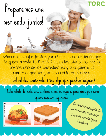 An activity guide with text at the bottom displayed in Spanish. Image at the top includes a woman and a child baking together in chef's hats.