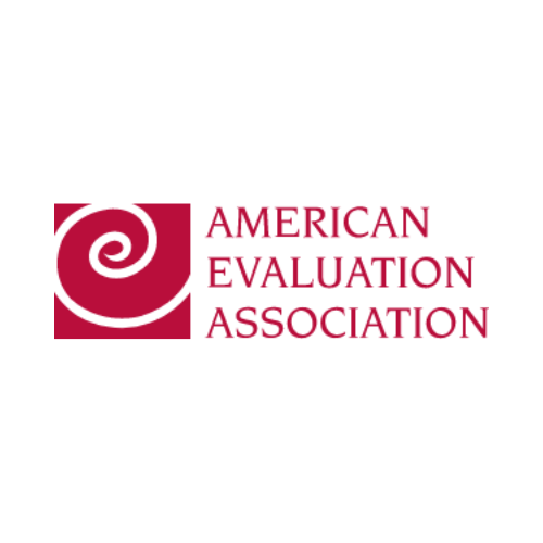 a red square with a white swirl inside. Text to the right reads "American Evaluation Association" in red.