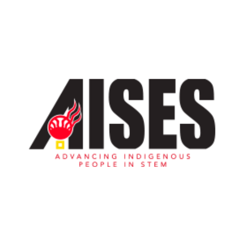 AISES in black with a yellow square and red circle with red rays extending out in front of the A