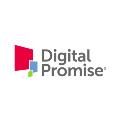 large red square, a medium blue square, and a small green square all overlapping with the text "Digital Promise" in grey to the right
