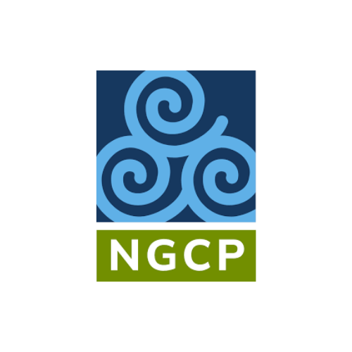 a dark blue square with three light blue swirls inside. a green rectangle underneath has the letters "NGCP" in white
