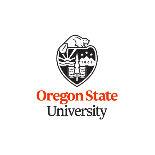 a black and a white badge with a badger on top and a sun, mountain with three stars above it, and an open book with a pine tree on top of it. underneath is an orange "Oregon State" text with a black "University" text underneath.
