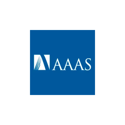 a blue square with a smaller white square inside and to the left. Inside the white square are four blue lines to the left and a solid blue line to the right forming an upside down "V." Text to the right reads "AAAS" in white.