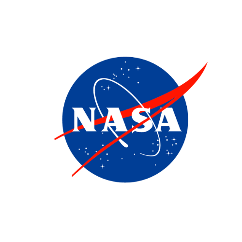 A dark blue circle with white dots scatter inside. Two red lines form a sideways "V" across the circle. White text inside reads "NASA"