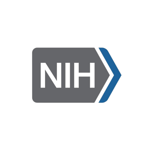 A grey rectangle with a pointed right edge. Text inside reads "NIH." Blue chevron to the right of the grey rectangle.