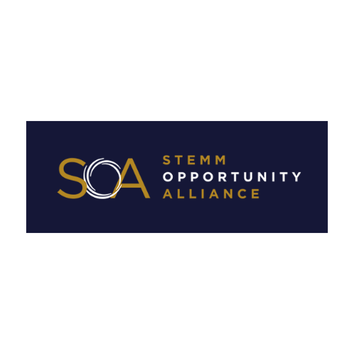 a navy blue background with "SOA" in gold. Text to the right reads "STEMM Opportunity Alliance."