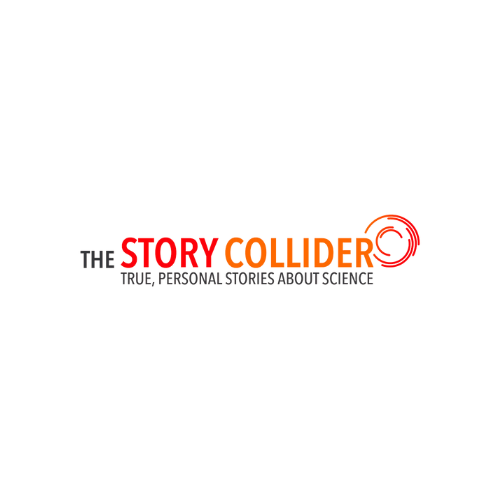 Text on top reads "the story collider" in red and orange. Text underneath reads "true, personal stories about science."