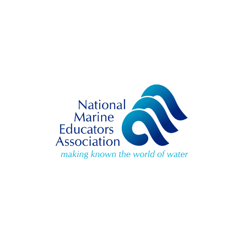Image contains three blue waves vertically aligned. Blue text to the left reads "National Marine Educators Association." Light blue text below reads "making known the world of water."