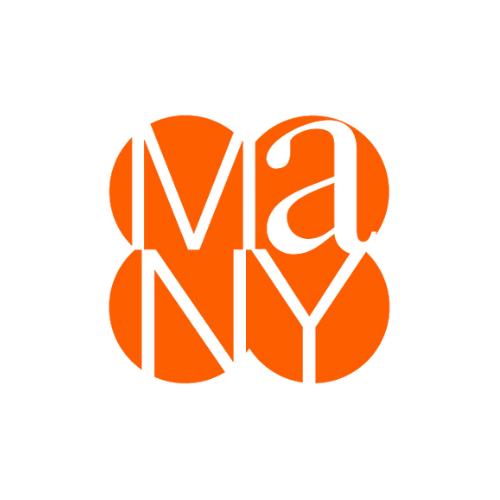 Image contains four orange circles. Letters appearing in each circle clockwise include: M A N Y