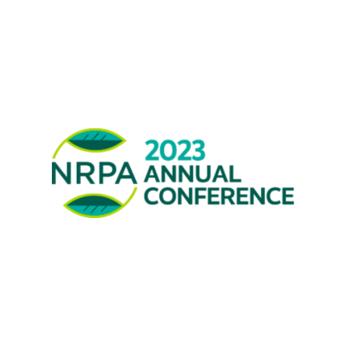 Image to the left has the letters "NRPA" in green surrounded by two leaves to create a circle. Green text to the right reads "2023 Annual Conference"