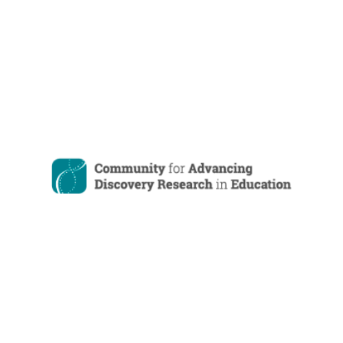 Image contains a teal square with rounded edges with two lines forming DNA strands inside in white. Grey text outside of the square and to the right reads "Community for Advancing Discovery Research in Education"