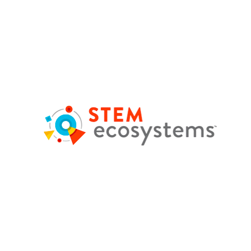 Image to the left contains a light blue ring inside a thin grey ring. Grey ring contains a red circle, blue square, yellow triangle, red circle, and a red and yellow triangle. Text to the right reads "STEM Ecosystems"