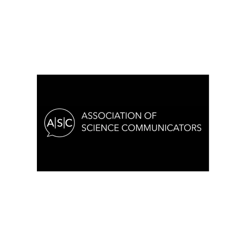 Image contains a black background. Image to the left is an outline of a white speech bubble with the letters "ASC." Each letter is separated by a line. White text to the right reads "Association of Science Communicators"
