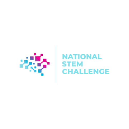 Image contains a brain to the left in blue, purple, and pink. Light blue text to the right reads "National STEM Challenge"
