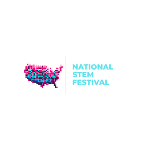 Image to the left contains the continental United States in an array of pink, light blue, and dark blue squares. Light blue text to the right of this image reads "National STEM Festival"