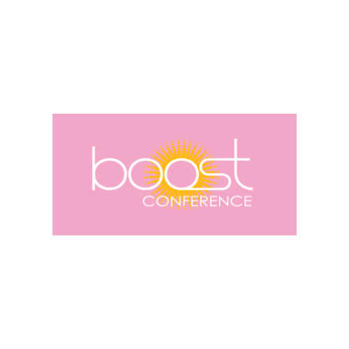 White text against a light pink background that reads "boost conference." there is an image of a yellow sun behind the text.