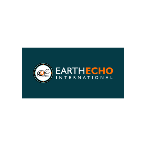 Image contains a dark green background. White and orange text reads "Earth Echo International." Image to the right of the text includes a white compass with a orange figure inside of it.