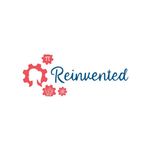 Image contains the word "reinvented" in blue. Icons to the right include a woman