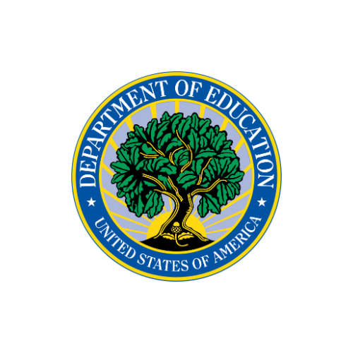 Image contains a tree in the middle of a circle with a blue ring. Text in the blue ring reads "Department of Education United States of America"