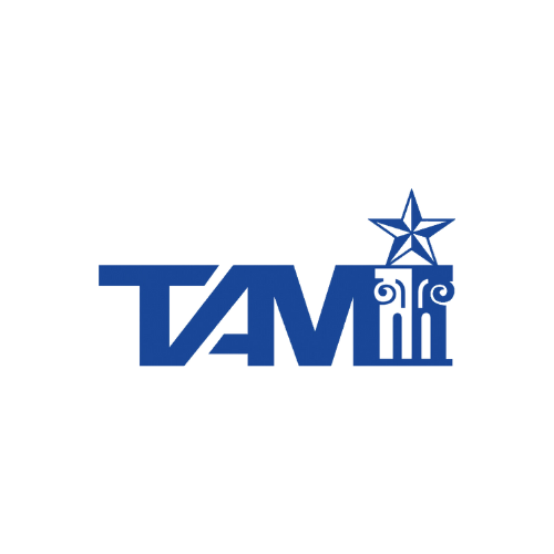 Image contains the letters T, A, and M in blue. There is a Grecian column with a star on top, both in blue, next to the acronym.