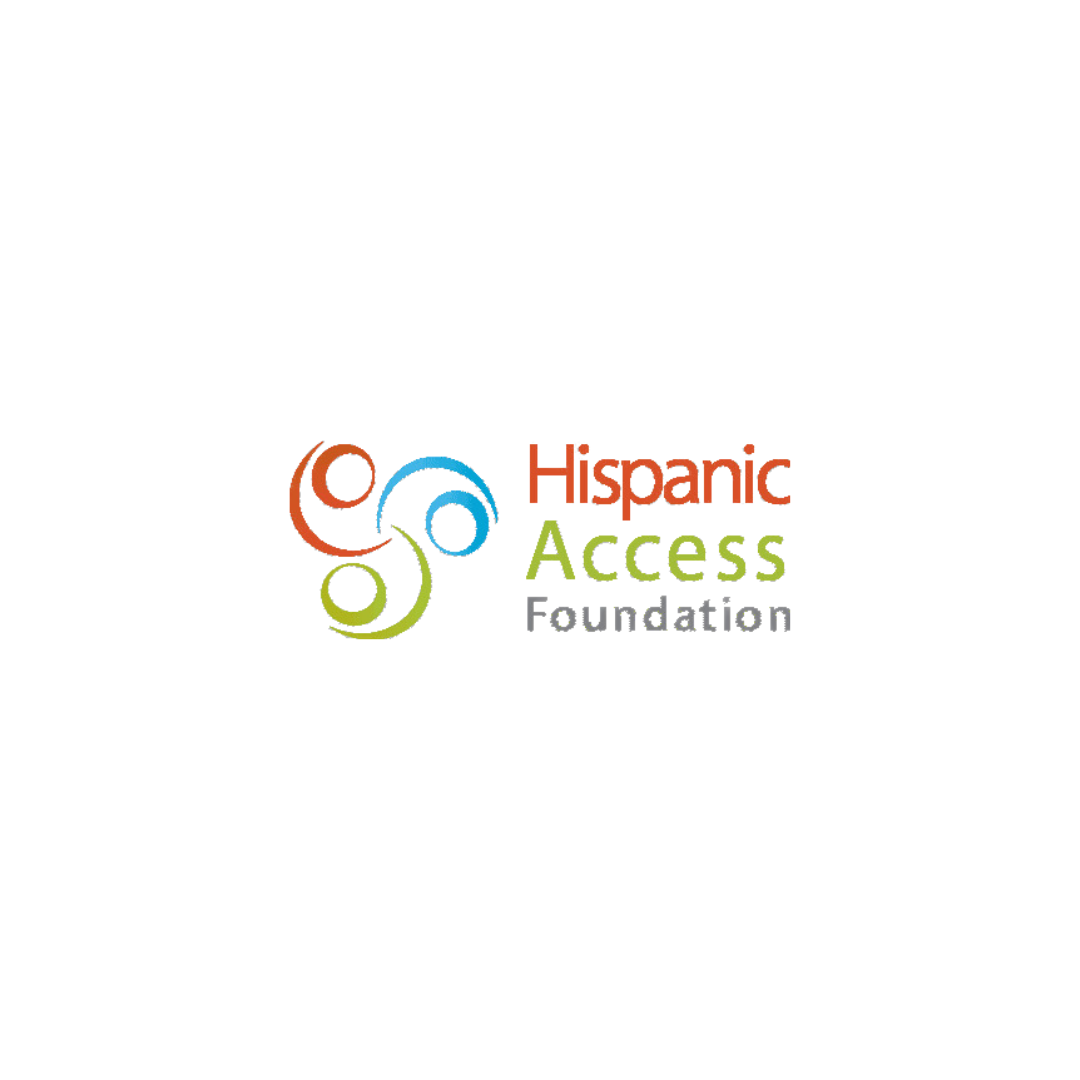 Hispanic Access Foundation logo. Orange, green, and grey letter text with similar colors in symbol to the left.