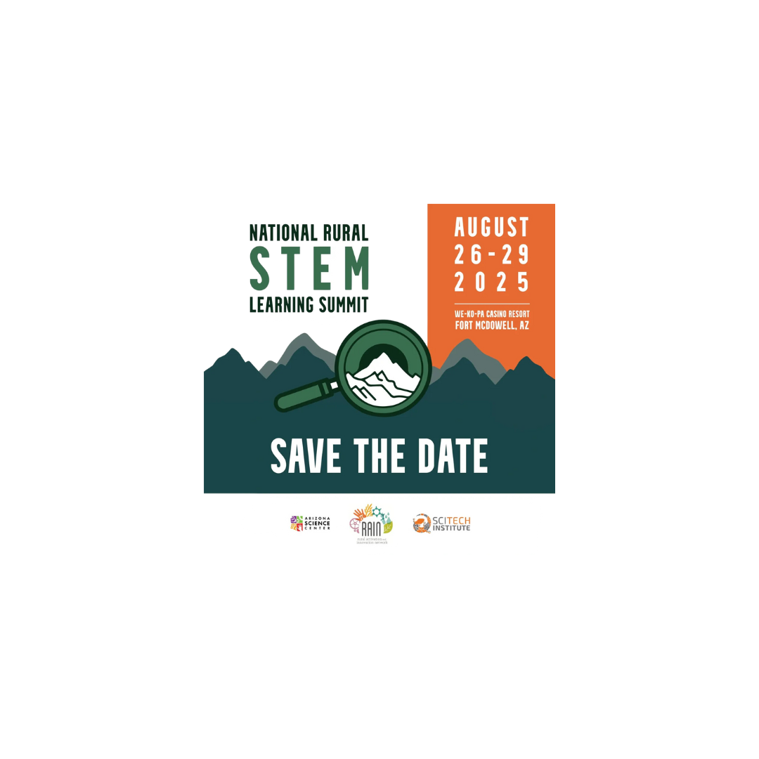 2025 National Rural STEM Summit call for proposals flyer graphic. Lettering in Green with white background on the left hand side and white lettering with orange background on right side.
