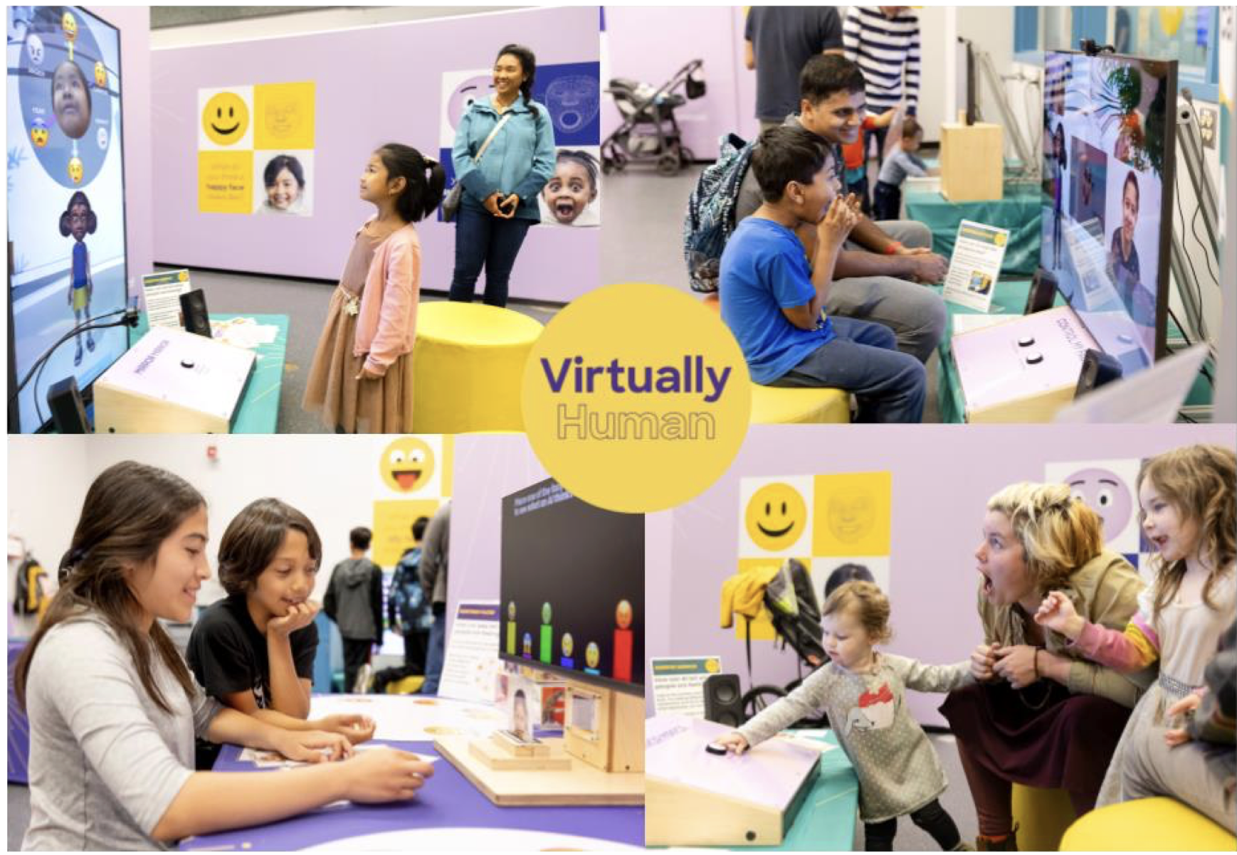 a collage of four photos, all depicting youth and adults engaged in a virtual and interactive exhibit space