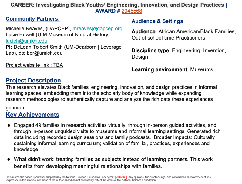 CAREER Investigating Black Youths Engineering Innovation and Design Practices 2045568