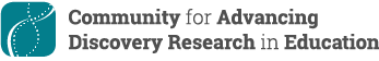 Image contains a teal square with rounded edges with two lines forming DNA strands inside in white. Grey text outside of the square and to the right reads "Community for Advancing Discovery Research in Education"